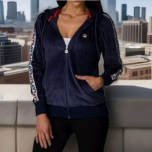 FILA Vintage Track Jacket Medium Blue Velour Full Zip Hoodie w/Pockets